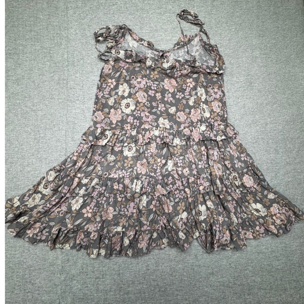 VICI Floral Tiered Ruffle Mini Dress Grey Pink Tie Strap Small
